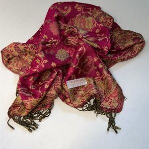 Pashmina Women’s Silk Blend Elegant Vibrant Hot Pink  Floral Fringed Shawl